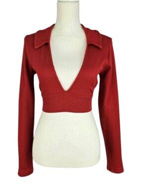 Garage Red Ribbed Deep V Crop Top Long Sleeve Collared Stretch L